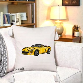 Perna Personalizata Masina Cabriolet Galbena Grafic, 40x40 cm, Bej cu Franjuri, Husa Detasabila, Perna Inclusa, BEKZ®