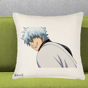 Perna Personalizata Gintama Gintoki Portret cu Zambet, 40x40 cm, Crem Reliefat, Husa Detasabila, Perna Inclusa, BEKZ®