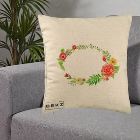 Perna Decorativa Coroana Florala Acuarela, 40x40 cm, Bej, Husa Detasabila, Perna Inclusa, BEKZ®