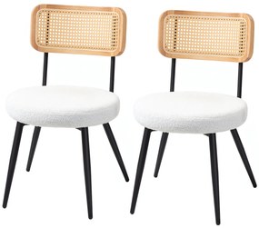 HOMCOM Lot de 2 scaune de bucatarie boho cu spatar din ratan pentru living, camera de zi, dormitor, alb | Aosom Romania