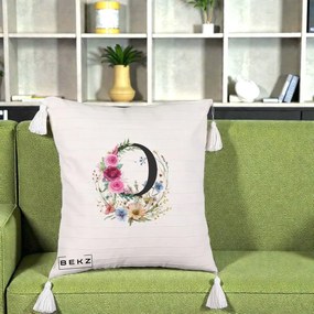 Cadou Personalizat - Perna Personalizata Monogram Litera O cu Flori Acuarela, 40x40 cm, Bej cu Franjuri, Husa Detasabila, Perna Inclusa, BEKZ®