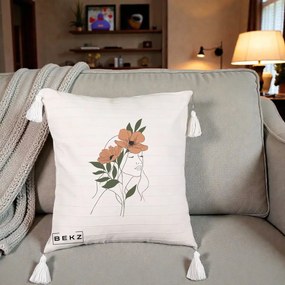 Perna Decorativa Portret Feminin Doua Maci Terracotta, 40x40 cm, Bej cu Franjuri, Husa Detasabila, Perna Inclusa, BEKZ®