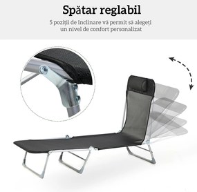 Outsunny Șezlong Pliabil cu Spătar Reglabil pe 5 Nivele și Pernă, Șezlong de Grădină cu Material Respirabil Textilen, pentru Plajă, Piscină, Grădină, 182x56x28 cm, Negru | Aosom Romania