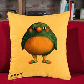 Perna Decorativa Pasare Teal cu Sosete Dunghi, 40x40 cm, Galben, Husa Detasabila, Perna Inclusa, BEKZ®