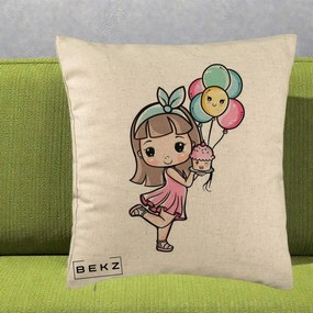 Perna Decorativa Fetita Kawaii cu Baloane si Cupcake, 40x40 cm, Bej, Husa Detasabila, Perna Inclusa, BEKZ®