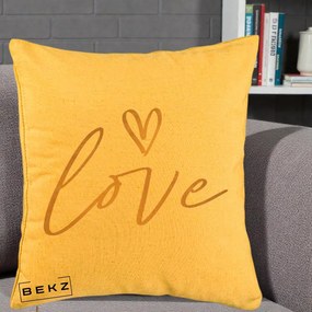 Perna Decorativa Love Caligrafie Aurie, 40x40 cm, Galben, Husa Detasabila, Perna Inclusa, BEKZ®