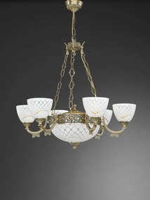Candelabru cu 6 brate clasic design italian din alama, sticla 7052 RA-L. 7052/6+2