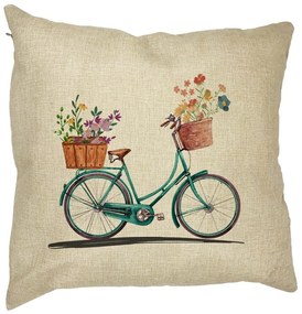 Perna Decorativa Patrata Bicicleta Floarala, 40x40 cm, Husa Detasabila, Burduf