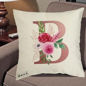 Cadou Personalizat - Perna Personalizata Monograma Rose Gold Litera B, 40x40 cm, Ecru, Husa Detasabila, Perna Inclusa, BEKZ®