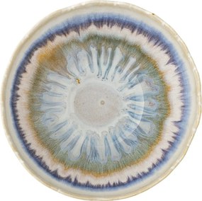 Bol din ceramică, multicolor, model floral radial și benzi în nuanțe de natur, albastru și portocaliu, margine ondulată, 8 x 14,5 cm, „Zeno”