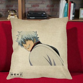 Perna Personalizata Gintama Gintoki Portret cu Zambet, 40x40 cm, Crem, Husa Detasabila, Perna Inclusa, BEKZ®