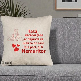 Cadou pentru Tata - Perna Personalizata Tata Nemuritor Mesaj Rosu, 40x40 cm, Bej Canapea, Husa Detasabila, Perna Inclusa, BEKZ®