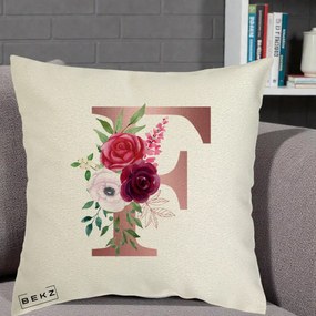 Cadou Personalizat - Perna Personalizata Monograma Rose Gold Litera F, 40x40 cm, Ecru, Husa Detasabila, Perna Inclusa, BEKZ®
