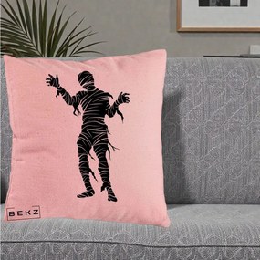 Perna Decorativa Mormii Infricosat Silueta Neagra Halloween, 40x40 cm, Roz, Husa Detasabila, Perna Inclusa, BEKZ®