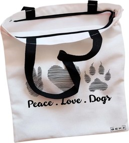 Sacosa de Panza pentru Cumparaturi, Geanta Tote, model Peace Love Dogs, Cu fermoar, 38x34.5 cm, Alba, BEKZ®