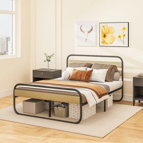 HOMCOM Pat dublu 140 x 190 cm, cadru de pat din oțel stil industrial, tăblie și somier incluse, aspect lemn | Aosom Romania