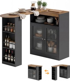 HOMCOM Masă de Bar Extensibilă și Rotativă 90° cu Rafturi Deschise și 2 Uși din Sticlă 150x80x105,5 cm Negru și Natural | Aosom Romania