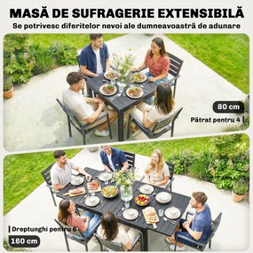 Outsunny Masă de Bucătărie Extensibilă pentru Terasă, 4-6 Persoane, 80-160 cm Masă Extensibilă din Aluminiu cu Blat din Lamele, Negru | Aosom Romania