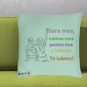 Cadou pentru Sora - Perna Personalizata Sora Mea Te Iubesc Doua Fete cu Palarie si Umbrela, 40x40 cm, Verde Menta, Husa Detasabila, Perna Inclusa, BEKZ®