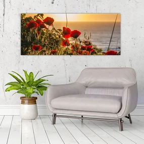 Tablou cu apus de soare cu flori de maci (120x50 cm), în 40 de alte dimensiuni noi