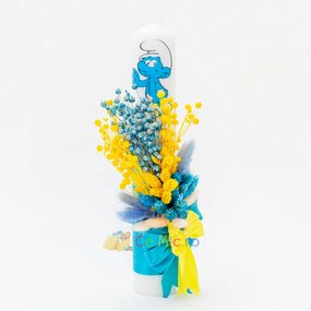Lumanare botez cu flori uscate si spice de grau, Strumf, Turcoaz, 35x6 cm - LPB-313