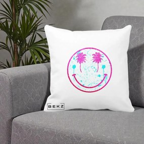 Perna Decorativa Smiley Face Tropical Glitter Roz, 40x40 cm, Alba Mata, Husa Detasabila, Perna Inclusa, BEKZ®