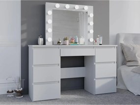 Masuta machiaj cu Oglinda LED si 7 Sertare pentru Cosmetice, Set Masa toaleta 120 cm, Alb, masuta cosmetica, vanity - SEA516