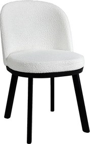 Scaun dining tapițat shabby chic din stofă bouclé și lemn de fag, alb, cu spătar rotunjit învelitor și picioare negre, 80 x 49 x 55 cm, „Amelie”