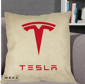 Perna Personalizata cu emblema Tesla, 40x40 cm, Crem, Husa Detasabila, Perna Inclusa, BEKZ®