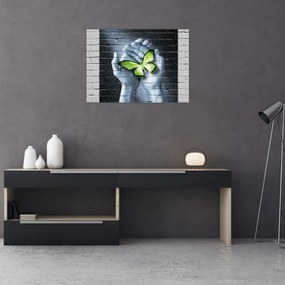 Tablou pe sticlă - Fluture verde în perete (70x50 cm)