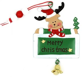 Decorațiune verde, din metal, ren, cu clopoțel - Merry Christmas