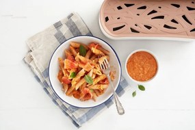 Vas pentru gatit paste in cuptorul cu microunde Lekue 1009032, 1,5 L, 28x11x11,2 cm, Silicon platinat, -20/+100 °C, Alb/Maro