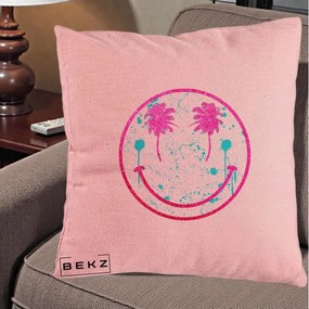Perna Decorativa Smiley Face Tropical Glitter Roz, 40x40 cm, Roz, Husa Detasabila, Perna Inclusa, BEKZ®