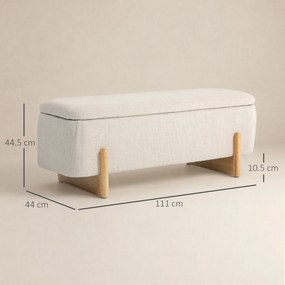 HOMCOM Banchetă cu Depozitare 111x44x44,5 cm, Șezut Tapițat, Material cu Efect de In, Picioare din Lemn, 150 kg, Crem | Aosom Romania