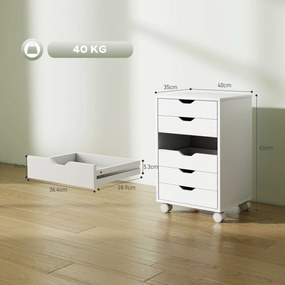 HOMCOM Sertar de Birou cu 6 Sertare Soft Close, 4 Roți, Sertar de Birou pentru Scrisori/Format A4, Dulap Vertical pentru Studio Imprimantă, 40x35x63 cm, Alb | Aosom Romania