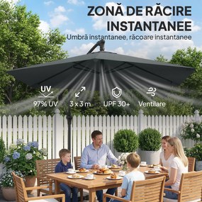 Outsunny Umbrelă de Grădină Offset 3x3 m, Umbrelă de Exterior cu Greutăți Reumplibile, Bază în Formă de Cruce, Sistem de Blocare, Manivelă, pentru Piscină Terasă, UV 30+, Gri Închis | Aosom Romania