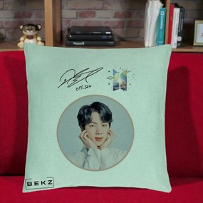 Perna Personalizata K-pop BTS Jin Portret cu Autograf, 40x40 cm, Verde Menta, Husa Detasabila, Perna Inclusa, BEKZ®