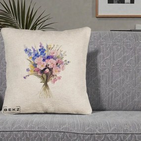 Perna Decorativa Buchet Floral Acuarela Primavara, 40x40 cm, Bej Canapea, Husa Detasabila, Perna Inclusa, BEKZ®