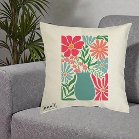 Perna Decorativa Flori in Vaza Turcoaz, 40x40 cm, Ecru, Husa Detasabila, Perna Inclusa, BEKZ®