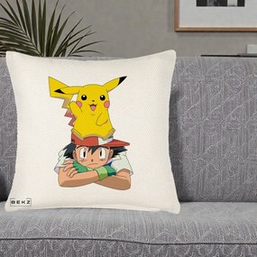 Perna Personalizata Ash si Pikachu, 40x40 cm, Crem Reliefat, Husa Detasabila, Perna Inclusa, BEKZ®