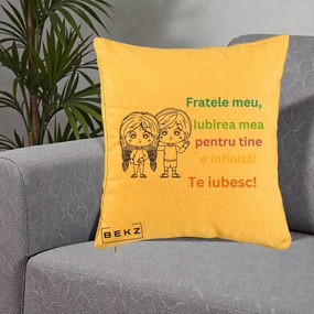 Cadou pentru Frate - Perna Personalizata Fratele Meu Te Iubesc Copii Anime Colorat, 40x40 cm, Galben, Husa Detasabila, Perna Inclusa, BEKZ®