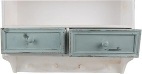 Etajeră de perete vintage din lemn, alb și bleu, cu 2 sertare, 2 rafturi și 4 agățători, 60 x 56 x 13 cm, „Avallon”
