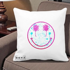 Perna Decorativa Smiley Face Tropical Glitter Roz, 40x40 cm, Alba Mata, Husa Detasabila, Perna Inclusa, BEKZ®