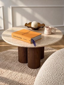 Măsuță de cafea rotundă Massia 80 cm pentru living - travertin / nuc