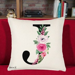 Cadou Personalizat - Perna Personalizata Monograma Florala Litera J, 40x40 cm, Crem Reliefat, Husa Detasabila, Perna Inclusa, BEKZ®
