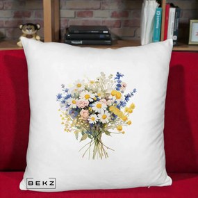 Perna Decorativa Buchet Camp Acuarela Margarete-Lavanda, 40x40 cm, Alb Pufos, Husa Detasabila, Perna Inclusa, BEKZ®