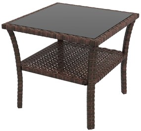 Outsunny Masă auxiliară din rășină împletită cu 2 nivele 50x50x45cm, masă de cafea pentru grădină pătrată cu blat de sticlă securizat, maro | Aosom Romania