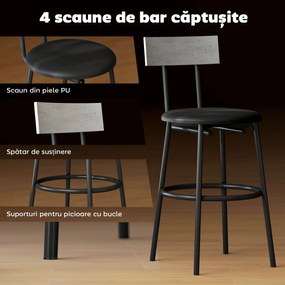 HOMCOM Set cu Masă Înaltă și 4 Scaune de Bar cu Spătar Stil Industrial Gri | Aosom Romania