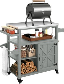 Outsunny Servantă de grădină căruț pentru grătar pe roți cu blat din oțel inoxidabil 107x49,5x92,5cm gri | Aosom Romania