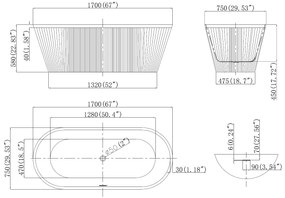 Cada baie freestanding 170 x 75 cm, forma ovala, cu riflaje 3D negru cu alb Scarlet Foglia Negru lucios